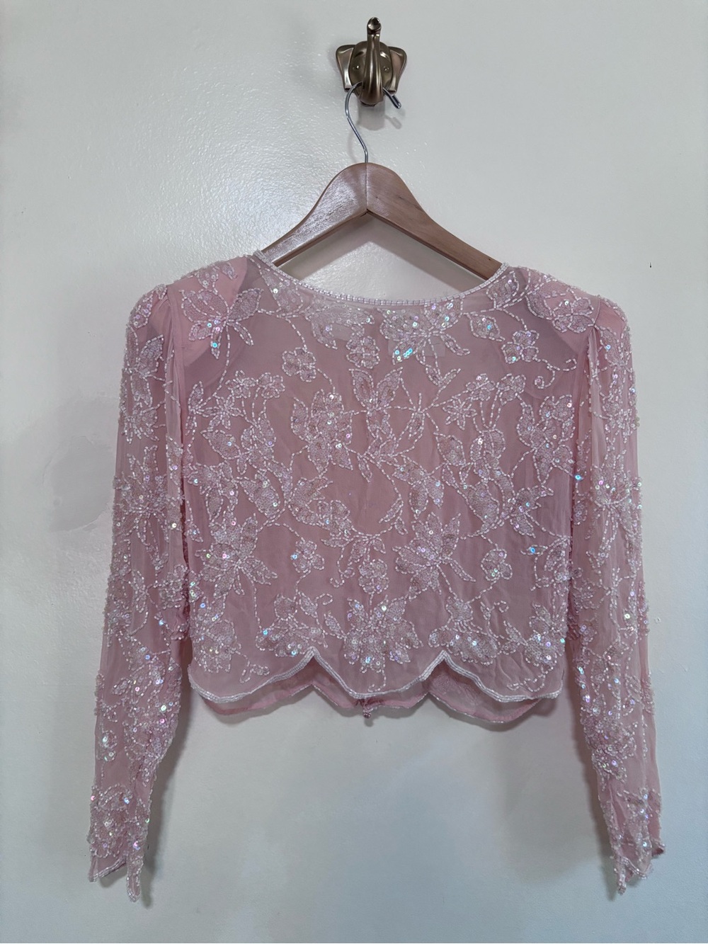 Swee Lo 100% Silk Hand Beaded Pink Floral Sheer Evening Top size M